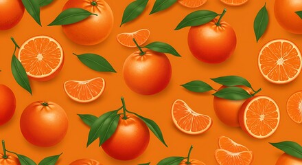Obraz premium Vibrant Orange Delight: A Juicy Citrus Pattern Sweet Oranges Seamless Pattern Design Ripe Mandarin Oranges Background Image Fresh Citrus Fruit Wallpaper Texture Digital Illustration Of Lush Oranges