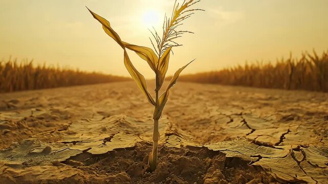 A dried, withered corn in the middle of a barren cornfield on sunny day. Climate change, Agricultural collapse and the struggle for survival in a parched environment	