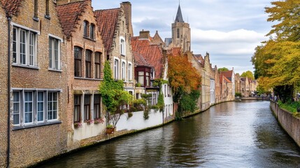Fototapeta premium The charming streets of Bruges, Belgium, lined with historic brick houses and canals, creating a fairy-tale atmosphere.