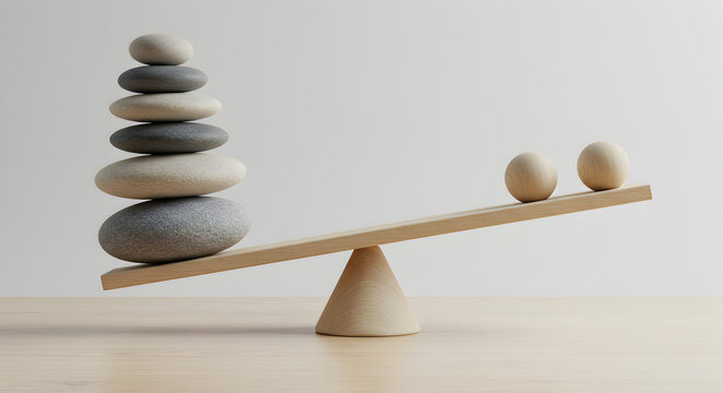 Stacked Stones Balanced on a Textured Wooden Seesaw with a Beige Background