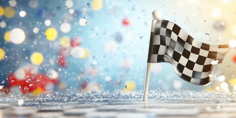 Checkered flag graphic design with an abstract background of dust and particles, a dynamic racing theme.