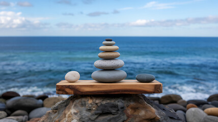 Fototapeta premium Concept of Harmony and Balance – Stacked Stones Against the Sea, Tranquil Nature and Mindfulness Visualization