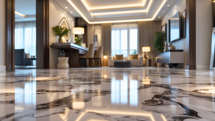 a luxurious epoxy self-leveling floor with a stunning marble pattern installed in a high-end residential interior, showcasing a private home's modern decor, with the floor being the central focal poin