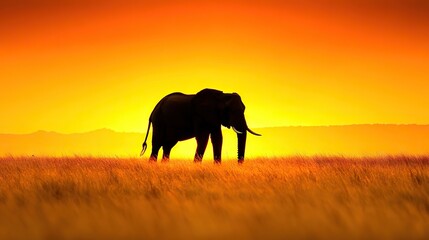Naklejka premium A silhouette of an elephant on a field during a blazing orange sunset