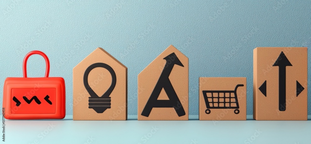 Poster import tariffs trade impact concept. red padlock and icons on blocks showcasing various concepts and