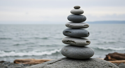 Stack of Gray Stones Balancing on Beach Near Calm Ocean Under Overcast Sky