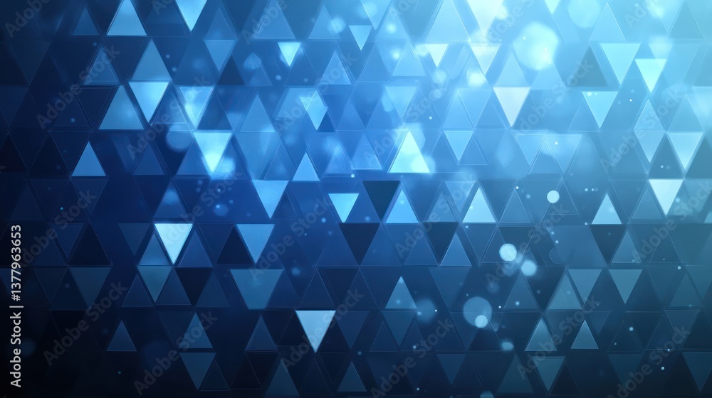 Poster abstract blue triangle mosaic background with bokeh lights.