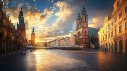 Fototapeta premium The historic charm of Krakws Main Market Square, Poland, surrounded by stunning Gothic and Renaissance buildings.