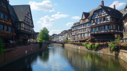 Naklejka premium The historic charm of Strasbourg, France, with its timber-framed houses and scenic canals.