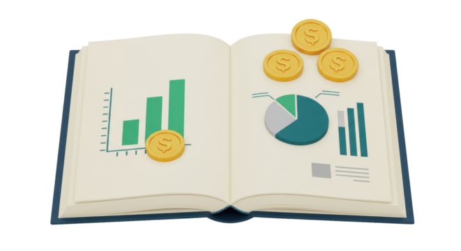 Isolated Financial Book with Charts Graphs and Coins