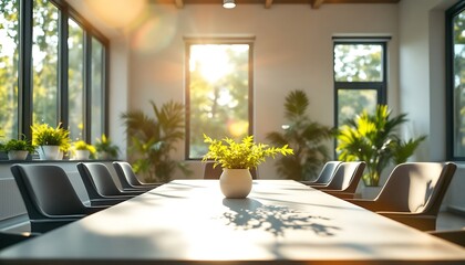 Bright Meeting Room with Long Table, Chairs, and Green Plants
