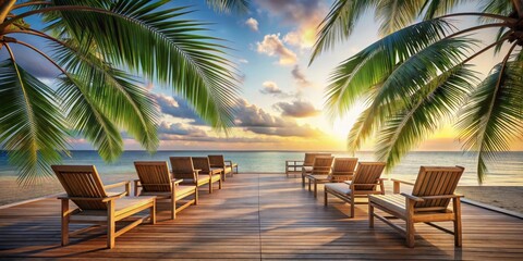 Fototapeta premium Serene Sunset Vista Tranquil Wooden Loungers on a Beachfront Deck Framed by Lush Palm Fronds