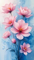Blush Cosmos: Watercolor Floral Arrangement, Soft Blue Background