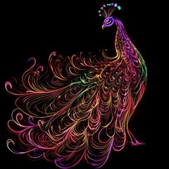 A vibrant peacock with luminous neon feathers on display image