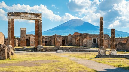 The magnificent ruins of Pompeii, Italy, with Mount Vesuvius looming in the background.