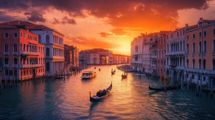 Fototapeta premium The mesmerizing canals of Venice, Italy, with gondolas gliding through the shimmering waters at sunset.