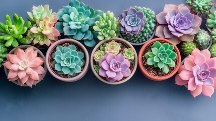 From above, cactus succulents in a planter, with color background. 14