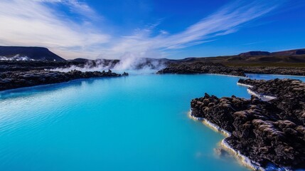 The stunning Blue Lagoon in Iceland, with its steaming turquoise waters surrounded by volcanic rocks.