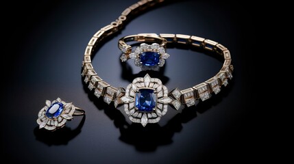 Obraz premium A photo of a sapphire necklace and ring set.