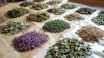 Various dried and fresh herbs, such as thyme, oregano, and sage, laid out on paper. 13