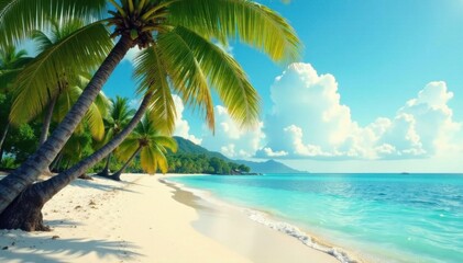 Fototapeta premium A vintage postcard scene of a serene tropical beach with swaying palm trees and crystal clear waters , serene, crystal clear, sea