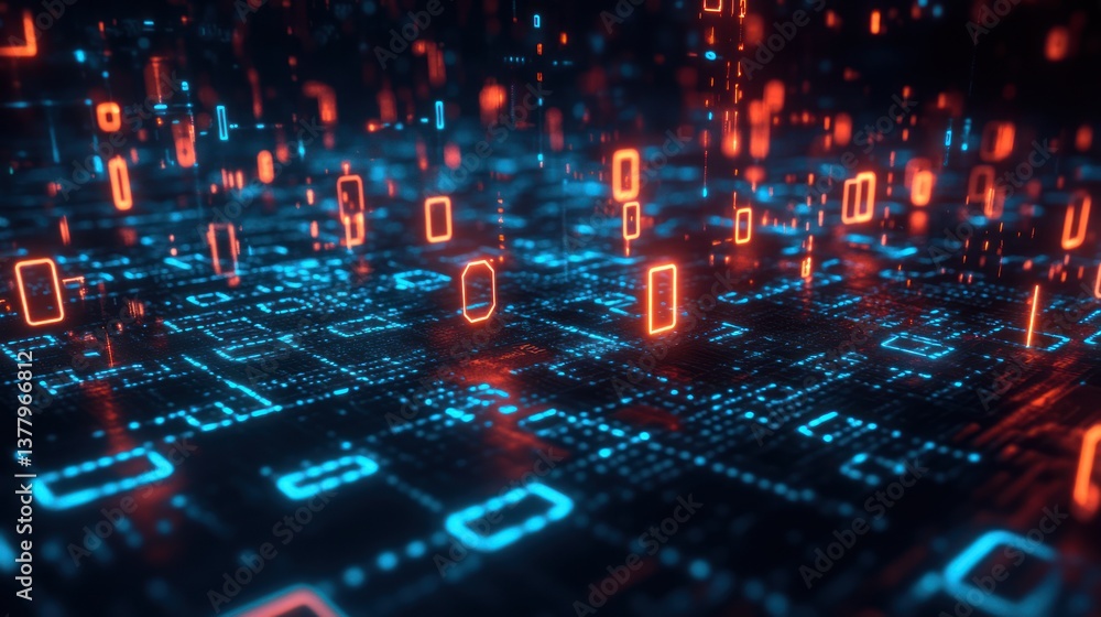 Poster abstract digital data stream, glowing binary code, futuristic technology.