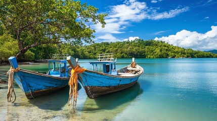 Obraz premium Traditional fishing boats anchored in the waters of Koh Bulon Lae.