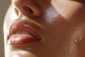 Close-up female face with natural lips and closed eyes, skin glow reflecting sunlight, glow emphasizing freshness and beauty, glow effect for skincare concept

