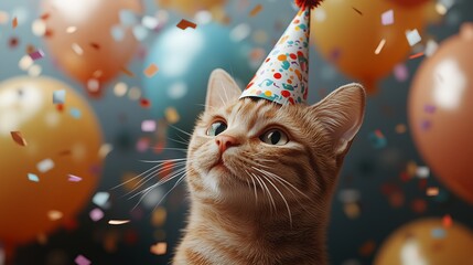 Happy cat wearing a colorful party hat surrounded by balloons and confetti.