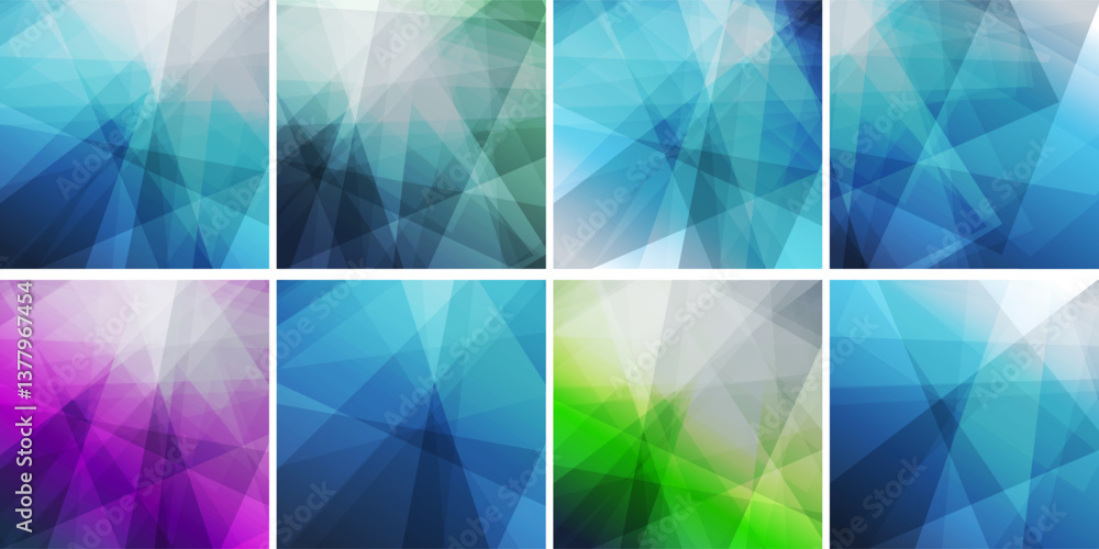 Poster variously colored set of 3d modern style triangle shaped translucent overlaying geometric shapes pat