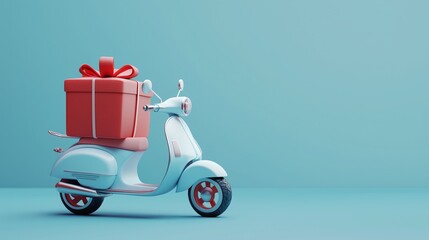 Delivery scooter carrying big gift box on light blue background, perfect for gift delivery or shopping ads