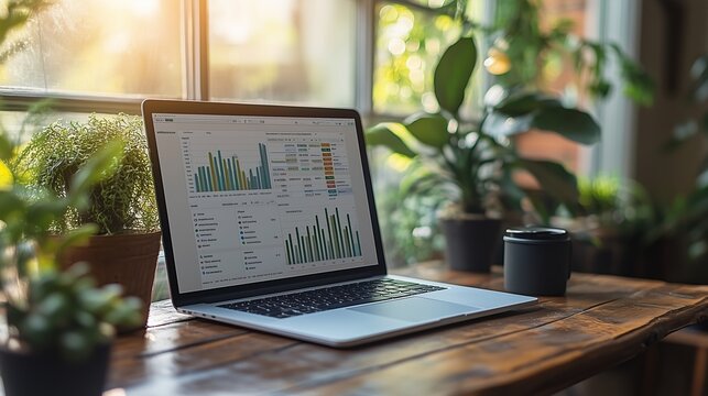 A desk with a laptop open, showing a financial tool or software. - Powered by Adobe
