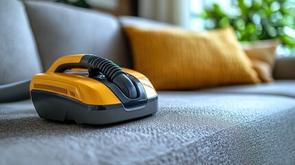 Portable upholstery cleaner on sofa.