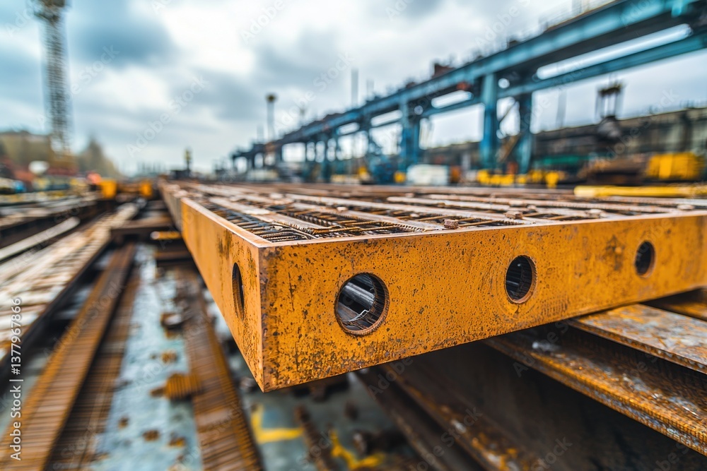 Poster a close-up of rusty steel structures with round holes, cranes in the background create an industrial