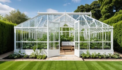 Fototapeta premium Beautiful White Greenhouse Filled with Lush Greenery and Relaxing Seating Area in a Serene Garden