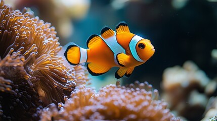 Nemo fish with bright orange color and striking black stripes, swimming in a colorful aquarium.