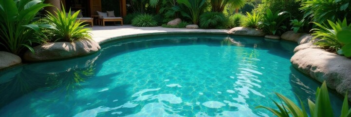 Clear water pool surrounded by lush greenery and gentle circular waves,  garden,  nature, water pool
