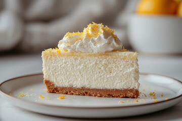 Creamy Lemon Cheesecake Slice with Whipped Cream and Zesty Garnish