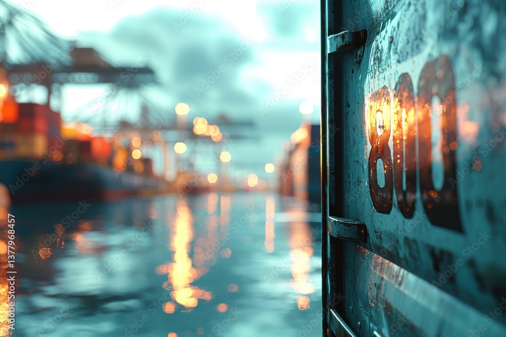 Poster dramatic close-up of a shipping container door at a busy port with crane reflections on the water, c