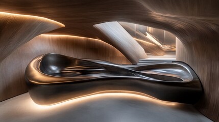 Modern, sculpted reception desk.  Organic forms in warm, neutral tones