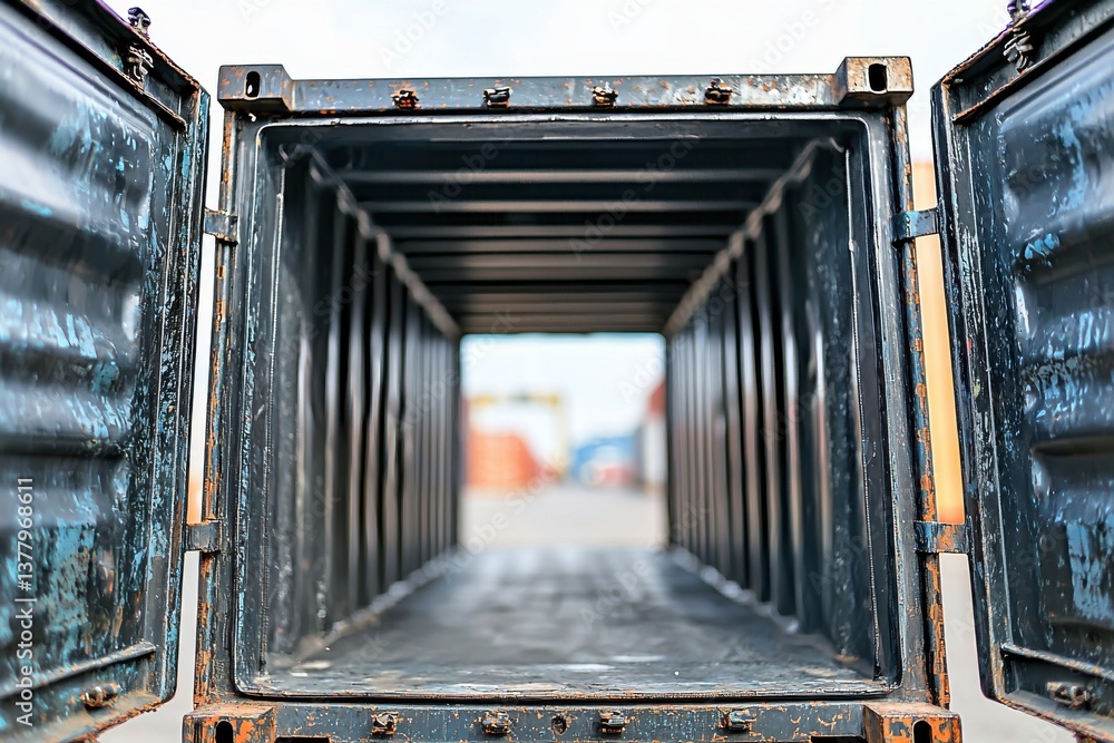Poster inside view of an open shipping container showing a glimpse of the freight yard outside, signifying 