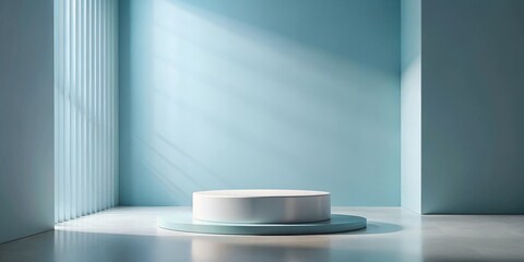 Serene Minimalist Studio Setup with Cylindrical Pedestal and Sunlight Streaming Through Vertical Blinds