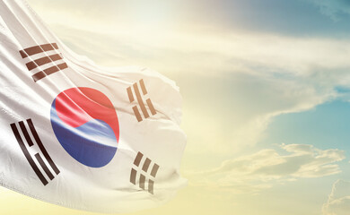 South Korea flag wave in soft clouds. National flag beautifully waving in the sky. Korean national flag for independence day.