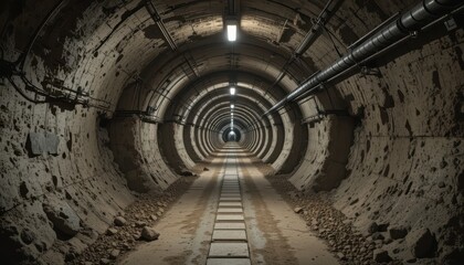 Long dark tunnel extending to distant light source showing aged concrete walls and ground