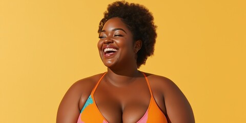 A woman with a big bust is smiling and wearing a colorful bikini. Concept of confidence and happiness
