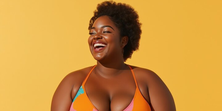 A woman with a big bust is smiling and wearing a colorful bikini. Concept of confidence and happiness