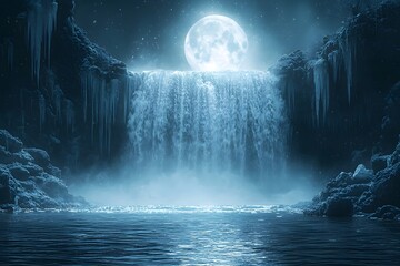 Frozen waterfall shimmering under the glow of a full moon in a winter wonderland