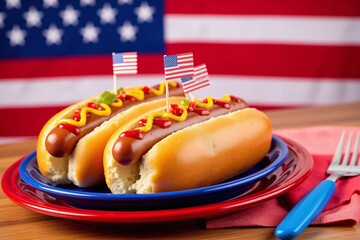 two hot dogs on a plate with an american flag in the background