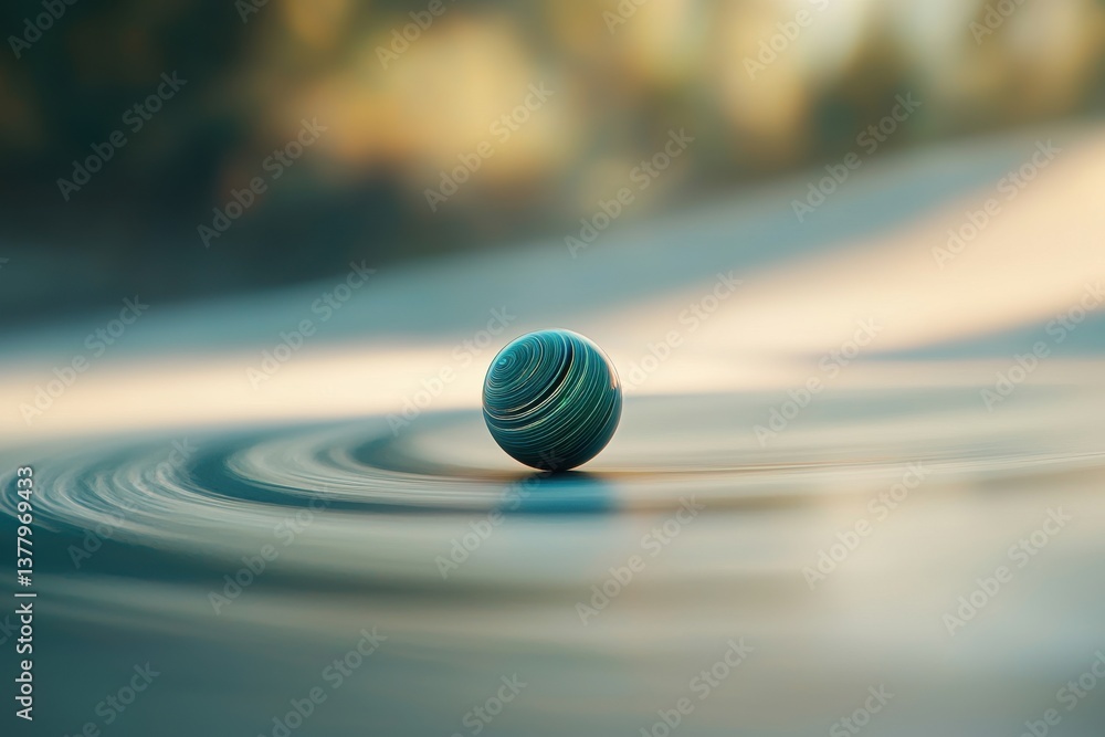Poster a mesmerizing sphere with swirling blue and green patterns resting on an undulating surface creating