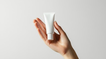 Minimalist Presentation of Skincare Hand Holding White Cosmetic Tube on white Background